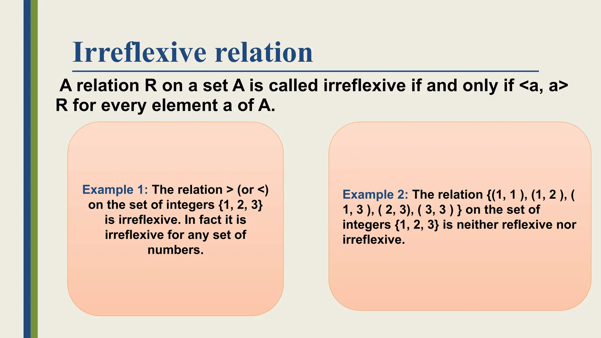 Irreflexive relation
A relation R on a set A is called irreflexive if and only if <a, a>
R for every element a of A.
Example 1: The relation > (or <)
on the set of integers {1, 2, 3}
is irreflexive. In fact it is
irreflexive for any set of
numbers.
Example 2: The relation {(1, 1 ), (1, 2 ), (
1, 3 ), ( 2, 3), ( 3, 3 ) } on the set of
integers {1, 2, 3} is neither reflexive nor
irreflexive.
 