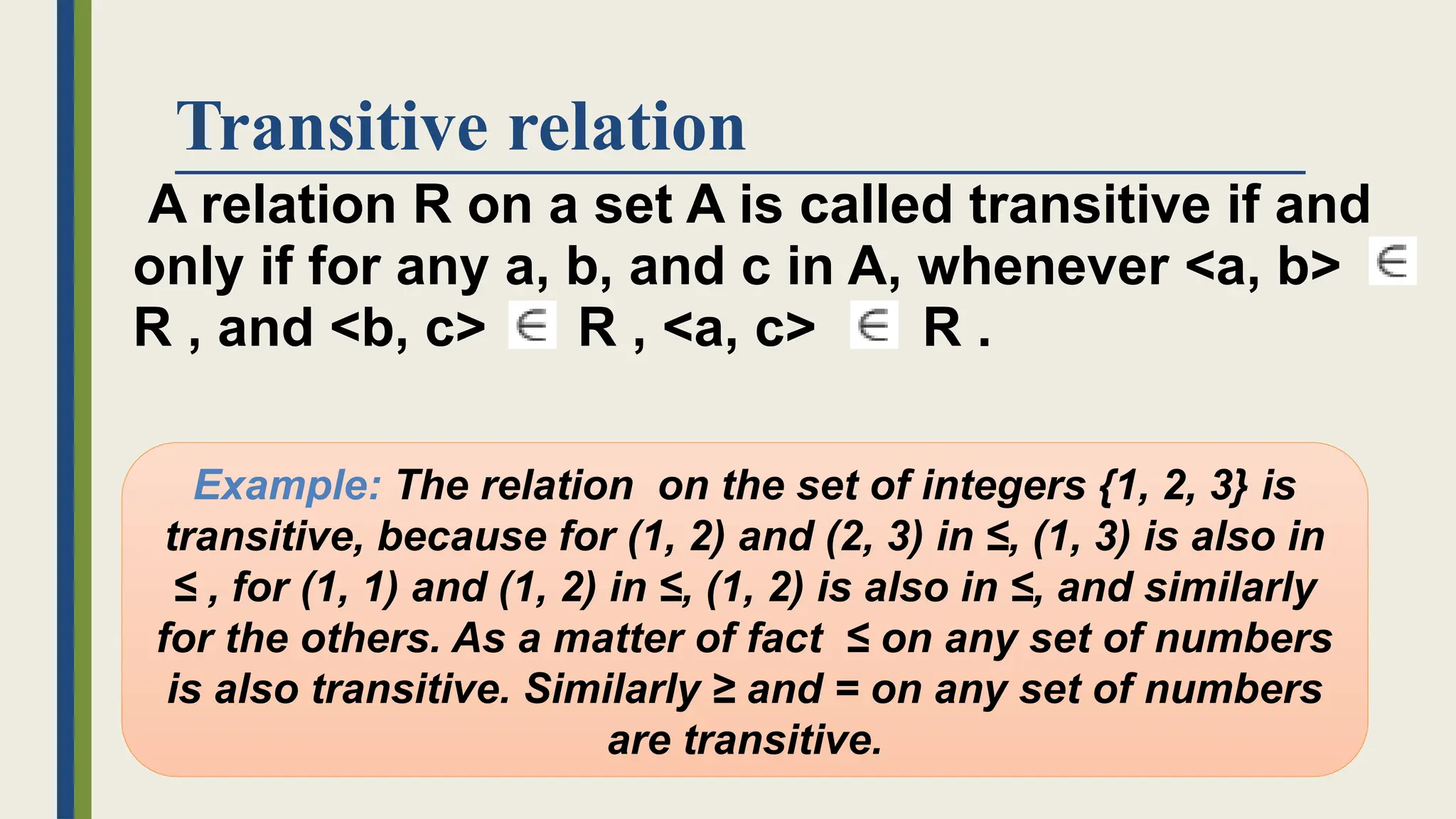 Transitive relation
A relation R on a set A is called transitive if and
only if for any a, b, and c in A, whenever <a, b>
R , and <b, c> R , <a, c> R .
Example: The relation on the set of integers {1, 2, 3} is
transitive, because for (1, 2) and (2, 3) in ≤, (1, 3) is also in
≤ , for (1, 1) and (1, 2) in ≤, (1, 2) is also in ≤, and similarly
for the others. As a matter of fact ≤ on any set of numbers
is also transitive. Similarly ≥ and = on any set of numbers
are transitive.
 