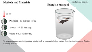 Methods and Materials
Exercise protocol
36 °C.
Practiced : 10 min/day for 3d
weeks 1–2: 30 min/day
weeks 3–12: 40 min/day
An air pump system was incorporated into the tank to produce turbulent motion from bubbles to prevent floating
or resting behavior.
High Fat and Exercise
 