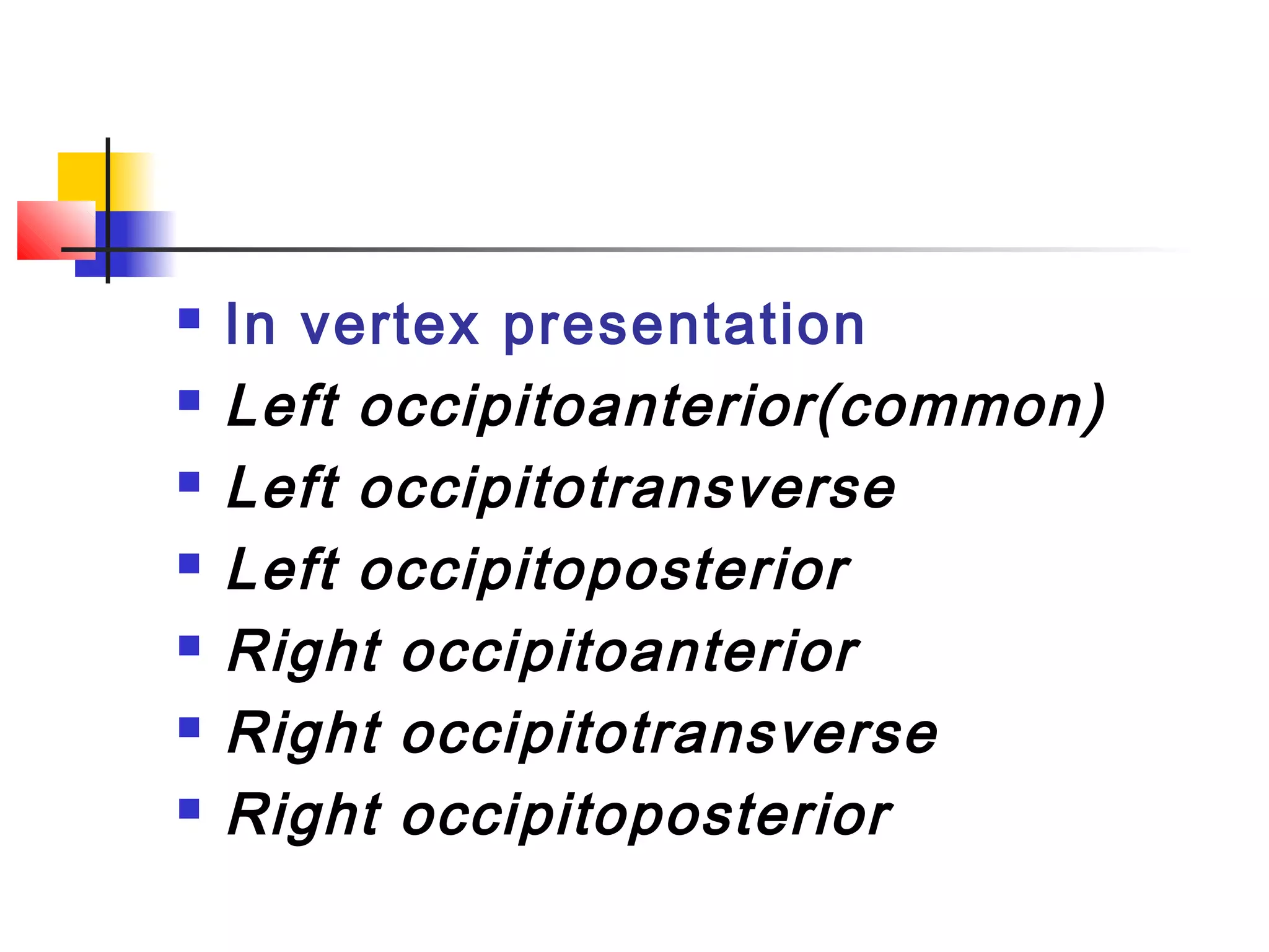    In vertex presentation
   Left occipitoanterior(common)
   Left occipitotransverse
   Left occipitoposterior
   Right occipitoanterior
   Right occipitotransverse
   Right occipitoposterior
 