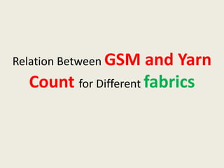 Relation Between GSM and Yarn
Count for Different fabrics
 