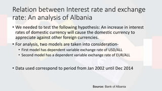 Relation between Interest rate and exchange
rate: An analysis of Albania
• We needed to test the following hypothesis: An increase in interest
rates of domestic currency will cause the domestic currency to
appreciate against other foreign currencies.
• For analysis, two models are taken into consideration-
• First model has dependent variable exchange rate of USD/ALL
• Second model has a dependent variable exchange rate of EUR/ALL
• Data used correspond to period from Jan 2002 until Dec 2014
Source: Bank of Albania
 