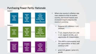 Purchasing Power Parity: Rationale
8
• When one country’s inflation rate
rises relative to that of another
country, decreased exports and
increased imports depress the
country’s currency.
• Suppose U.S. inflation > U.K.
inflation.
•  U.S. imports from U.K. and
 U.S. exports to U.K., so £
appreciates & $ depreciates.
• This shift in consumption and
the appreciation of the £ will
continue until
• price U.K. goods  price U.S.
goods
 