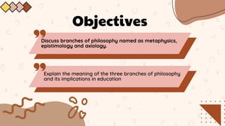 Objectives
Discuss branches of philosophy named as metaphysics,
epistimology and axiology.
Explain the meaning of the three branches of philosophy
and its implications in education
 