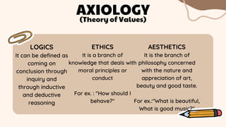 LOGICS
It can be defined as
coming on
conclusion through
inquiry and
through inductive
and deductive
reasoning
AXIOLOGY
(Theory of Values)
ETHICS
It is a branch of
knowledge that deals with
moral principles or
conduct
For ex. : "How should I
behave?"
AESTHETICS
It is the branch of
philosophy concerned
with the nature and
appreciation of art,
beauty and good taste.
For ex.:"What is beautiful,
What is good music?"
 