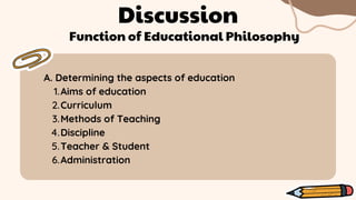 Discussion
Function of Educational Philosophy
Aims of education
Curriculum
Methods of Teaching
Discipline
Teacher & Student
Administration
A. Determining the aspects of education
1.
2.
3.
4.
5.
6.
 