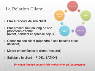 La Relation Client

   Etre à l’écoute de son client

   Etre présent tout au long de son
    processus d’achat
    (avant, pendant et après le séjour)

   Connaitre son client (répondre à ses besoins et les
    anticiper)

   Mettre en confiance le client (rassurer)

   Satisfaire le client = FIDELISATION

        Un client fidélisé coute 5 fois moins cher qu’un prospect.
 