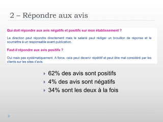 2 – Répondre aux avis




            62% des avis sont positifs
            4% des avis sont négatifs
            34% sont les deux à la fois
 