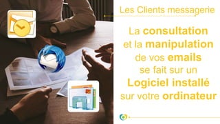 Les Clients messagerie
La consultation
et la manipulation
de vos emails
se fait sur un
Logiciel installé
sur votre ordinateur
 