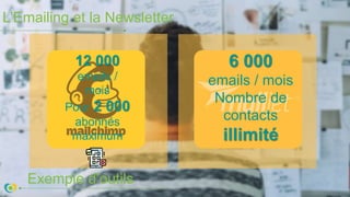 L’Emailing et la Newsletter
Exemple d’outils
6 000
emails / mois
Nombre de
contacts
illimité
12 000
emails /
mois
Pour 2 000
abonnés
maximum
 
