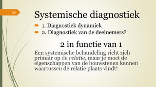 Systemische diagnostiek
 1. Diagnostiek dynamiek
 2. Diagnostiek van de deelnemers?
2 in functie van 1
Een systemische b...