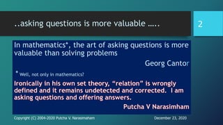 ..asking questions is more valuable …..
In mathematics*, the art of asking questions is more
valuable than solving problems
Georg Cantor
* Well, not only in mathematics?
December 23, 2020Copyright (C) 2004-2020 Putcha V. Narasimaham
2
 