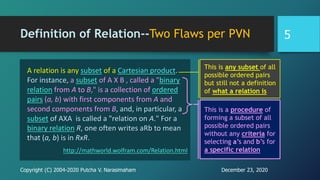 Definition of Relation--Two Flaws per PVN
A relation is any subset of a Cartesian product.
For instance, a subset of A X B , called a "binary
relation from A to B," is a collection of ordered
pairs (a, b) with first components from A and
second components from B, and, in particular, a
subset of AXA is called a "relation on A." For a
binary relation R, one often writes aRb to mean
that (a, b) is in RxR.
http://mathworld.wolfram.com/Relation.html
December 23, 2020Copyright (C) 2004-2020 Putcha V. Narasimaham
5
This is any subset of all
possible ordered pairs
but still not a definition
of what a relation is
This is a procedure of
forming a subset of all
possible ordered pairs
without any criteria for
selecting a’s and b’s for
a specific relation
 