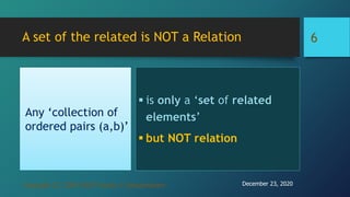 A set of the related is NOT a Relation
Any ‘collection of
ordered pairs (a,b)’
 is only a ‘set of related
elements’
 but NOT relation
Copyright (C) 2004-2020 Putcha V. Narasimaham
6
December 23, 2020
 