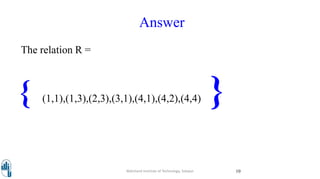 Answer
The relation R =
{ (1,1),(1,3),(2,3),(3,1),(4,1),(4,2),(4,4) }
Walchand Institute of Technology, Solapur 10
 