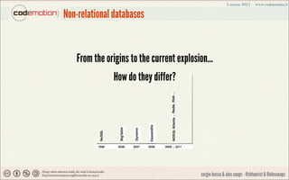 Non-relational databases


   From the origins to the current explosion...
              How do they differ?




         ...