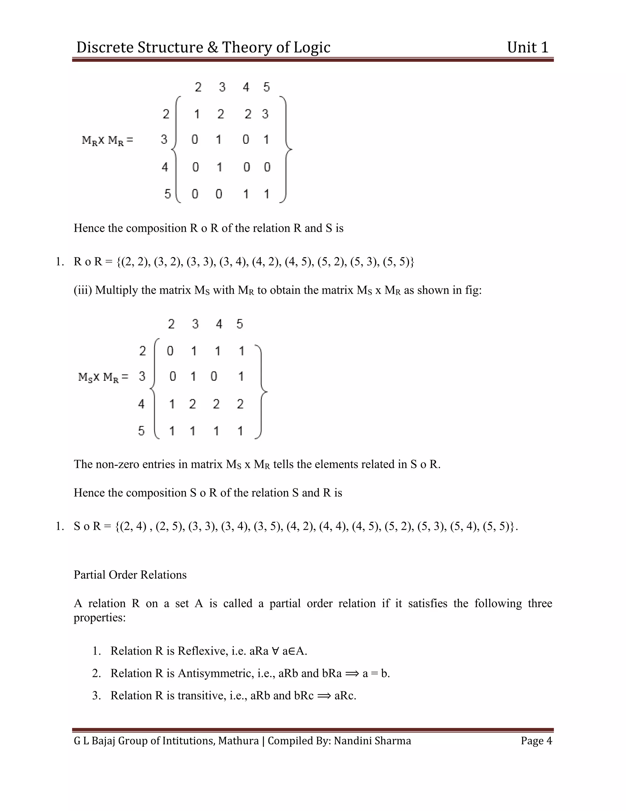Discrete Structure & Theory of Logic Unit 1
G L Bajaj Group of Intitutions, Mathura | Compiled By: Nandini Sharma Page 4
Hence the composition R o R of the relation R and S is
1. R o R = {(2, 2), (3, 2), (3, 3), (3, 4), (4, 2), (4, 5), (5, 2), (5, 3), (5, 5)}
(iii) Multiply the matrix MS with MR to obtain the matrix MS x MR as shown in fig:
The non-zero entries in matrix MS x MR tells the elements related in S o R.
Hence the composition S o R of the relation S and R is
1. S o R = {(2, 4) , (2, 5), (3, 3), (3, 4), (3, 5), (4, 2), (4, 4), (4, 5), (5, 2), (5, 3), (5, 4), (5, 5)}.
Partial Order Relations
A relation R on a set A is called a partial order relation if it satisfies the following three
properties:
1. Relation R is Reflexive, i.e. aRa ∀ a∈A.
2. Relation R is Antisymmetric, i.e., aRb and bRa ⟹ a = b.
3. Relation R is transitive, i.e., aRb and bRc ⟹ aRc.
 