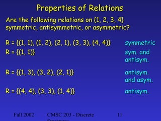 Properties of Relations
Are the following relations on {1, 2, 3, 4}
symmetric, antisymmetric, or asymmetric?
R = {(1, 1), (1, 2), (2, 1), (3, 3), (4, 4)}
R = {(1, 1)}

symmetric
sym. and
antisym.

R = {(1, 3), (3, 2), (2, 1)}

antisym.
and asym.

R = {(4, 4), (3, 3), (1, 4)}

antisym.

Fall 2002

CMSC 203 - Discrete

11

 