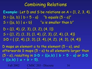 Combining Relations
Example: Let D and S be relations on A = {1, 2, 3, 4}.
D = {(a, b) | b = 5 - a} “b equals (5 – a)”
S = {(a, b) | a < b}
“a is smaller than b”
D = {(1, 4), (2, 3), (3, 2), (4, 1)}
S = {(1, 2), (1, 3), (1, 4), (2, 3), (2, 4), (3, 4)}
S° D = { (2, 4), (3, 3), (3, 4), (4, 2), (4, 3), (4, 4)}
D maps an element a to the element (5 – a), and
afterwards S maps (5 – a) to all elements larger than
(5 – a), resulting in S° D = {(a,b) | b > 5 – a} or S° D
= {(a,b) | a + b > 5}.
Fall 2002

CMSC 203 - Discrete

16

 