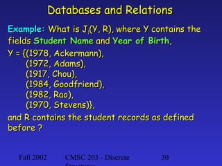 Databases and Relations
Example: What is J1(Y, R), where Y contains the
fields Student Name and Year of Birth,
Y = {(1978, Ackermann),
(1972, Adams),
(1917, Chou),
(1984, Goodfriend),
(1982, Rao),
(1970, Stevens)},
and R contains the student records as defined
before ?
Fall 2002

CMSC 203 - Discrete

30

 