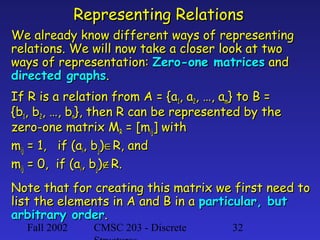 Representing Relations
We already know different ways of representing
relations. We will now take a closer look at two
ways of representation: Zero-one matrices and
directed graphs.
If R is a relation from A = {a1, a2, …, am} to B =
{b1, b2, …, bn}, then R can be represented by the
zero-one matrix MR = [mij] with
mij = 1, if (ai, bj)∈R, and
mij = 0, if (ai, bj)∉R.
Note that for creating this matrix we first need to
list the elements in A and B in a particular, but
arbitrary order.
Fall 2002

CMSC 203 - Discrete

32

 