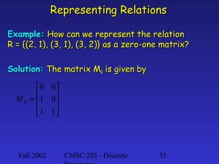 Representing Relations
Example: How can we represent the relation
R = {(2, 1), (3, 1), (3, 2)} as a zero-one matrix?
Solution: The matrix MR is given by
0 0 
M R = 1 0


1 1



Fall 2002

CMSC 203 - Discrete

33

 