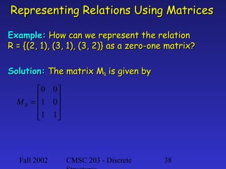 Representing Relations Using Matrices
Example: How can we represent the relation
R = {(2, 1), (3, 1), (3, 2)} as a zero-one matrix?
Solution: The matrix MR is given by
0 0 
M R = 1 0


1 1



Fall 2002

CMSC 203 - Discrete

38

 