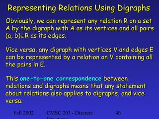 Representing Relations Using Digraphs
Obviously, we can represent any relation R on a set
A by the digraph with A as its vertices and all pairs
(a, b)∈R as its edges.
Vice versa, any digraph with vertices V and edges E
can be represented by a relation on V containing all
the pairs in E.
This one-to-one correspondence between
relations and digraphs means that any statement
about relations also applies to digraphs, and vice
versa.
Fall 2002

CMSC 203 - Discrete

46

 