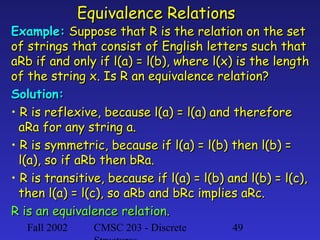 Equivalence Relations

Example: Suppose that R is the relation on the set
of strings that consist of English letters such that
aRb if and only if l(a) = l(b), where l(x) is the length
of the string x. Is R an equivalence relation?
Solution:
• R is reflexive, because l(a) = l(a) and therefore
aRa for any string a.
• R is symmetric, because if l(a) = l(b) then l(b) =
l(a), so if aRb then bRa.
• R is transitive, because if l(a) = l(b) and l(b) = l(c),
then l(a) = l(c), so aRb and bRc implies aRc.
R is an equivalence relation.
Fall 2002

CMSC 203 - Discrete

49

 