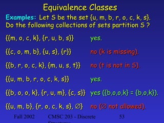 Equivalence Classes

Examples: Let S be the set {u, m, b, r, o, c, k, s}.
Do the following collections of sets partition S ?
{{m, o, c, k}, {r, u, b, s}}

yes.

{{c, o, m, b}, {u, s}, {r}}

no (k is missing).

{{b, r, o, c, k}, {m, u, s, t}}

no (t is not in S).

{{u, m, b, r, o, c, k, s}}

yes.

{{b, o, o, k}, {r, u, m}, {c, s}} yes ({b,o,o,k} = {b,o,k}).
{{u, m, b}, {r, o, c, k, s}, ∅}
Fall 2002

no (∅ not allowed).

CMSC 203 - Discrete

53

 