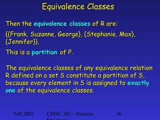 Equivalence Classes
Then the equivalence classes of R are:
{{Frank, Suzanne, George}, {Stephanie, Max},
{Jennifer}}.
This is a partition of P.
The equivalence classes of any equivalence relation
R defined on a set S constitute a partition of S,
because every element in S is assigned to exactly
one of the equivalence classes.

Fall 2002

CMSC 203 - Discrete

56

 