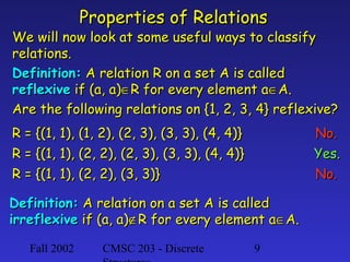 Properties of Relations

We will now look at some useful ways to classify
relations.
Definition: A relation R on a set A is called
reflexive if (a, a)∈R for every element a∈A.
Are the following relations on {1, 2, 3, 4} reflexive?
R = {(1, 1), (1, 2), (2, 3), (3, 3), (4, 4)}
R = {(1, 1), (2, 2), (2, 3), (3, 3), (4, 4)}
R = {(1, 1), (2, 2), (3, 3)}

No.
Yes.
No.

Definition: A relation on a set A is called
irreflexive if (a, a)∉R for every element a∈A.
Fall 2002

CMSC 203 - Discrete

9

 
