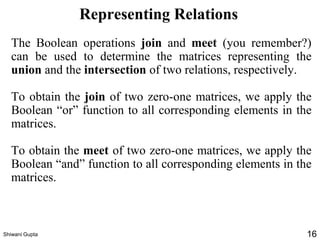 Representing Relations
The Boolean operations join and meet (you remember?)
can be used to determine the matrices representing the
union and the intersection of two relations, respectively.
To obtain the join of two zero-one matrices, we apply the
Boolean “or” function to all corresponding elements in the
matrices.
To obtain the meet of two zero-one matrices, we apply the
Boolean “and” function to all corresponding elements in the
matrices.
Shiwani Gupta 16
 