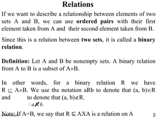 Relations
If we want to describe a relationship between elements of two
sets A and B, we can use ordered pairs with their first
element taken from A and their second element taken from B.
Since this is a relation between two sets, it is called a binary
relation.
Definition: Let A and B be nonempty sets. A binary relation
from A to B is a subset of AB.
In other words, for a binary relation R we have
R  AB. We use the notation aRb to denote that (a, b)R
and to denote that (a, b)R.
Note: If A=B, we say that R ⊆ AXA is a relation on AShiwani Gupta 2
 