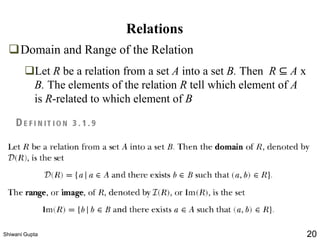 Relations
❑Domain and Range of the Relation
❑Let R be a relation from a set A into a set B. Then R ⊆ A x
B. The elements of the relation R tell which element of A
is R-related to which element of B
Shiwani Gupta 20
 