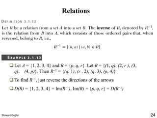 Relations
❑Let A = {1, 2, 3, 4} and B = {p, q, r}. Let R = {(1, q), (2, r ), (3,
q), (4, p)}. Then R−1 = {(q, 1), (r , 2), (q, 3), (p, 4)}
❑To find R−1, just reverse the directions of the arrows
❑D(R) = {1, 2, 3, 4} = Im(R−1), Im(R) = {p, q, r} = D(R−1)
Shiwani Gupta 24
 