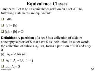 Equivalence Classes
Theorem: Let R be an equivalence relation on a set A. The
following statements are equivalent:
❑ aRb
❑ [a] = [b]
❑ [a]  [b]  
Definition: A partition of a set S is a collection of disjoint
nonempty subsets of S that have S as their union. In other words,
the collection of subsets Ai, iI, forms a partition of S if and only
if
(i) Ai   for iI
❑ Ai  Aj = , if i  j
❑ iI Ai = S
Shiwani Gupta 56
 