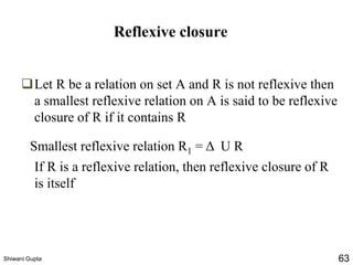Reflexive closure
Smallest reflexive relation R1 = Δ U R
❑Let R be a relation on set A and R is not reflexive then
a smallest reflexive relation on A is said to be reflexive
closure of R if it contains R
If R is a reflexive relation, then reflexive closure of R
is itself
Shiwani Gupta 63
 