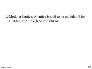 ❑Modular Lattice: A lattice is said to be modular if for
all a,b,c, a≤c→aV(b ∧c)=(aVb) ∧c
Shiwani Gupta 93
 