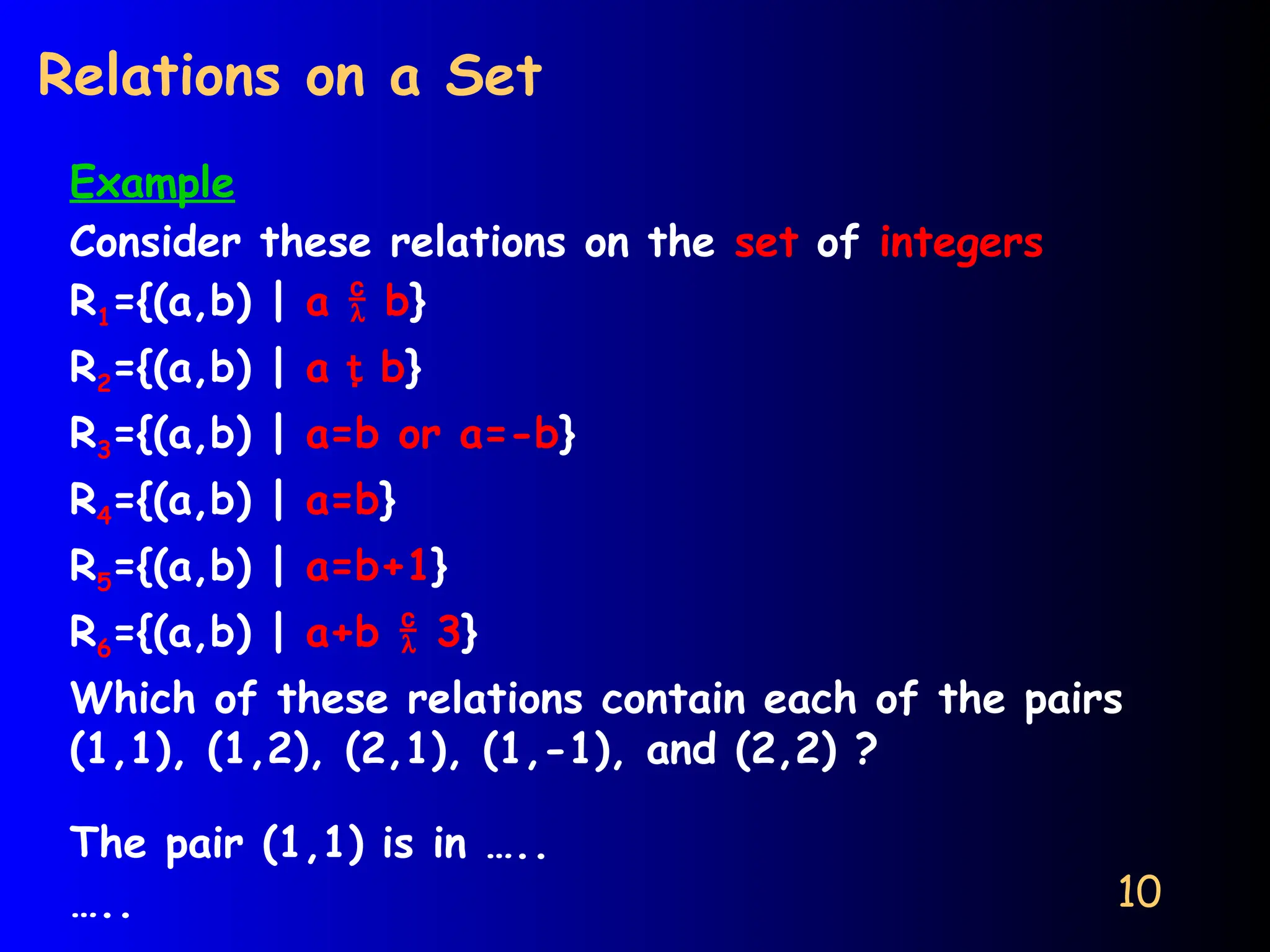 10
Relations on a Set
Example
Consider these relations on the set of integers
R1={(a,b) | a  b}
R2={(a,b) | a  b}
R3={(a,b) | a=b or a=-b}
R4={(a,b) | a=b}
R5={(a,b) | a=b+1}
R6={(a,b) | a+b  3}
Which of these relations contain each of the pairs
(1,1), (1,2), (2,1), (1,-1), and (2,2) ?
The pair (1,1) is in …..
…..
 