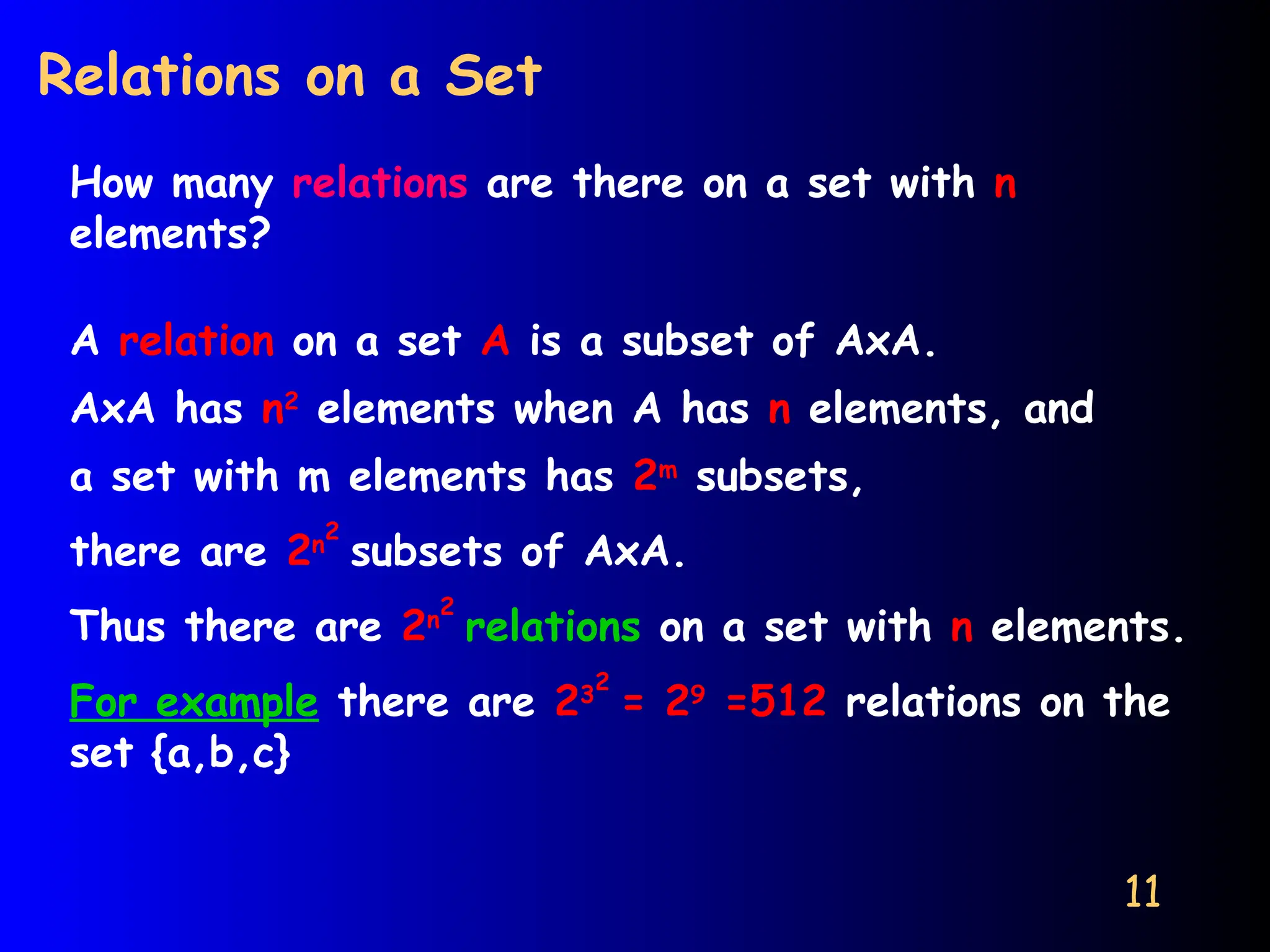 11
Relations on a Set
How many relations are there on a set with n
elements?
A relation on a set A is a subset of AxA.
AxA has n2
elements when A has n elements, and
a set with m elements has 2m
subsets,
there are 2n
2
subsets of AxA.
Thus there are 2n
2
relations on a set with n elements.
For example there are 23
2
= 29
=512 relations on the
set {a,b,c}
 