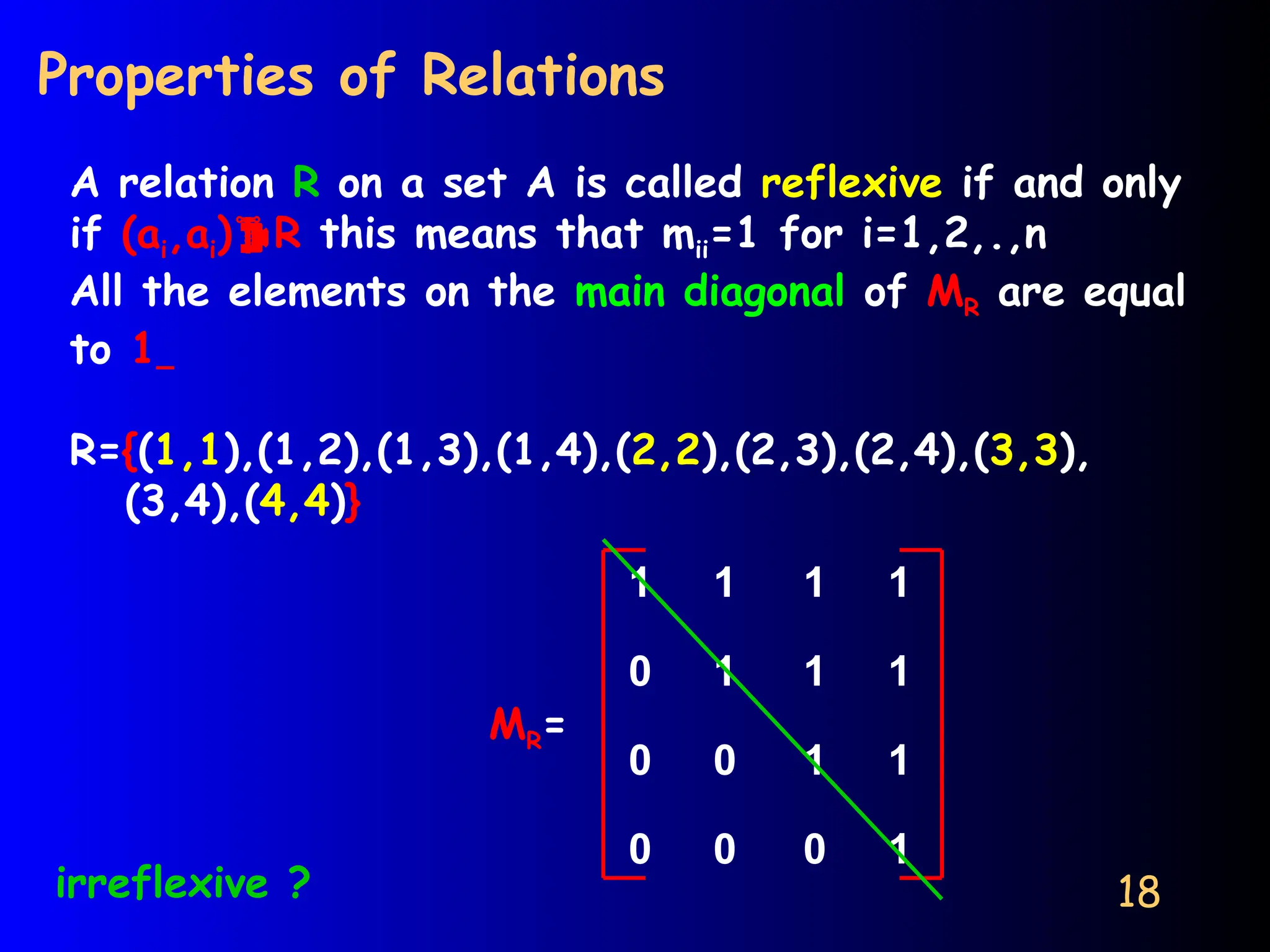 18
Properties of Relations
A relation R on a set A is called reflexive if and only
if (ai,ai)R this means that mii=1 for i=1,2,.,n
All the elements on the main diagonal of MR are equal
to 1
R={(1,1),(1,2),(1,3),(1,4),(2,2),(2,3),(2,4),(3,3),
(3,4),(4,4)}
1 1 1 1
0 1 1 1
0 0 1 1
0 0 0 1
MR=
irreflexive ?
 