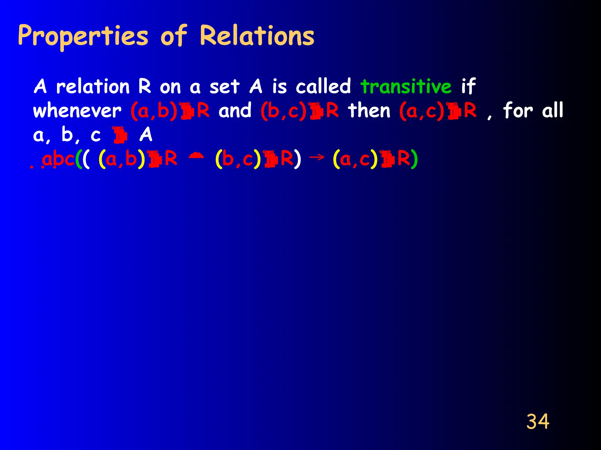34
Properties of Relations
A relation R on a set A is called transitive if
whenever (a,b)R and (b,c)R then (a,c)R , for all
a, b, c  A
abc(( (a,b)R  (b,c)R) → (a,c)R)
 