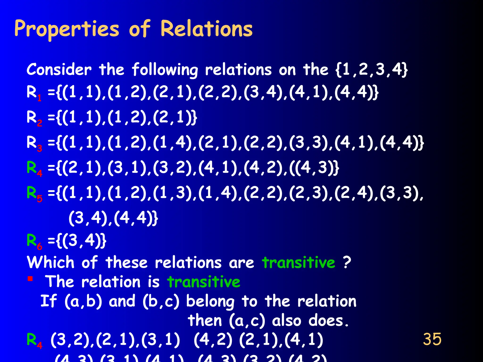 35
Properties of Relations
Consider the following relations on the {1,2,3,4}
R1 ={(1,1),(1,2),(2,1),(2,2),(3,4),(4,1),(4,4)}
R2 ={(1,1),(1,2),(2,1)}
R3 ={(1,1),(1,2),(1,4),(2,1),(2,2),(3,3),(4,1),(4,4)}
R4 ={(2,1),(3,1),(3,2),(4,1),(4,2),((4,3)}
R5 ={(1,1),(1,2),(1,3),(1,4),(2,2),(2,3),(2,4),(3,3),
(3,4),(4,4)}
R6 ={(3,4)}
Which of these relations are transitive ?
 The relation is transitive
If (a,b) and (b,c) belong to the relation
then (a,c) also does.
R4 (3,2),(2,1),(3,1) (4,2) (2,1),(4,1)
 