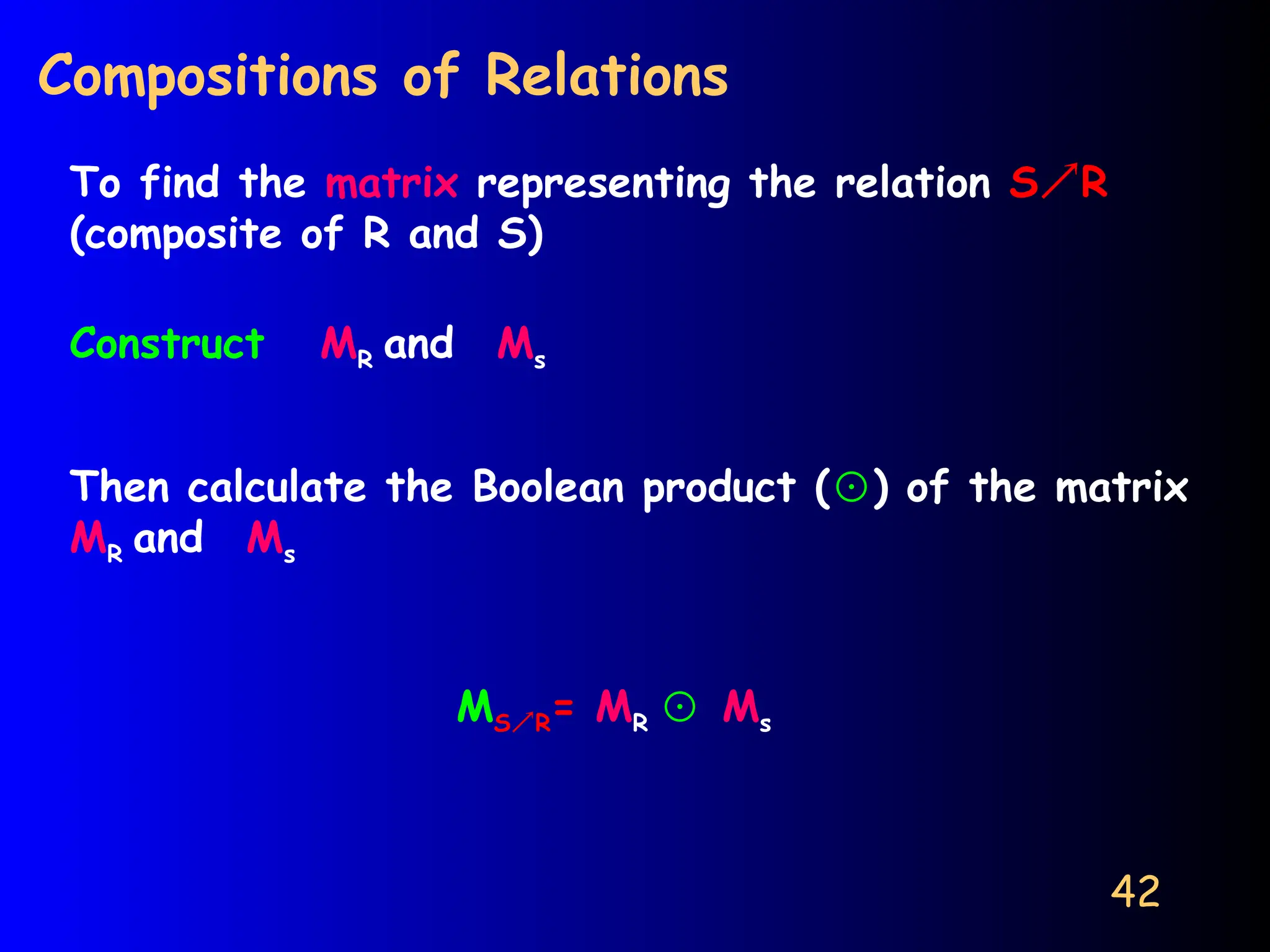 42
Compositions of Relations
To find the matrix representing the relation SR
(composite of R and S)
Construct MR and Ms
Then calculate the Boolean product (⊙) of the matrix
MR and Ms
MSR= MR ⊙ Ms
 