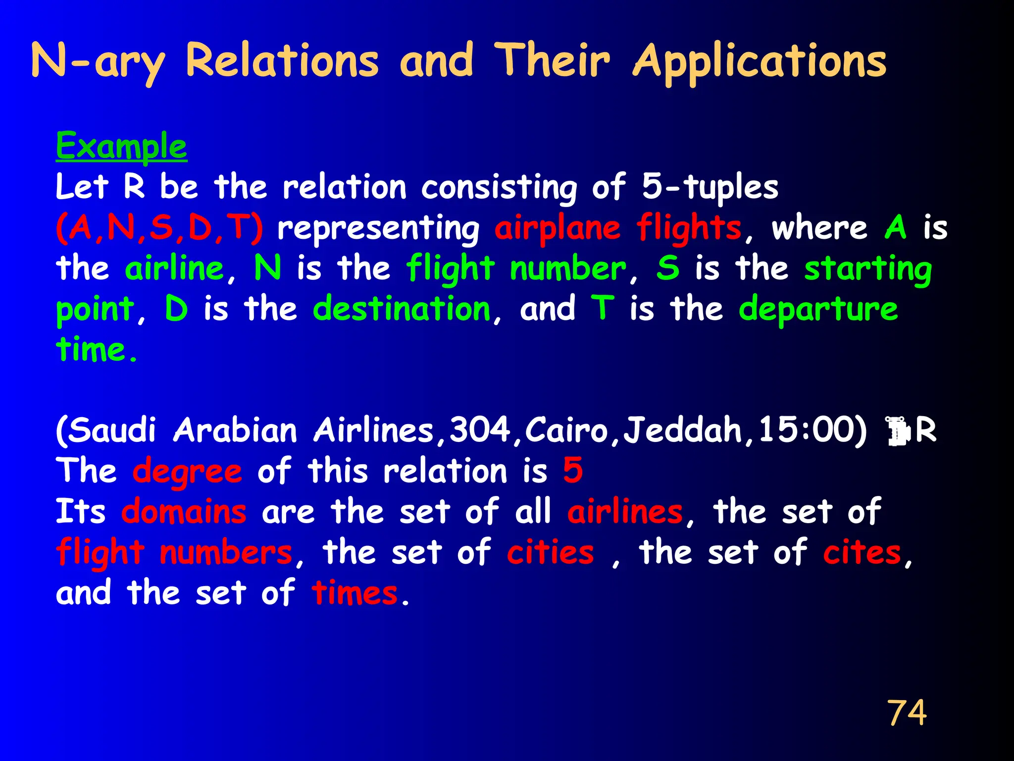 74
N-ary Relations and Their Applications
Example
Let R be the relation consisting of 5-tuples
(A,N,S,D,T) representing airplane flights, where A is
the airline, N is the flight number, S is the starting
point, D is the destination, and T is the departure
time.
(Saudi Arabian Airlines,304,Cairo,Jeddah,15:00) R
The degree of this relation is 5
Its domains are the set of all airlines, the set of
flight numbers, the set of cities , the set of cites,
and the set of times.
 