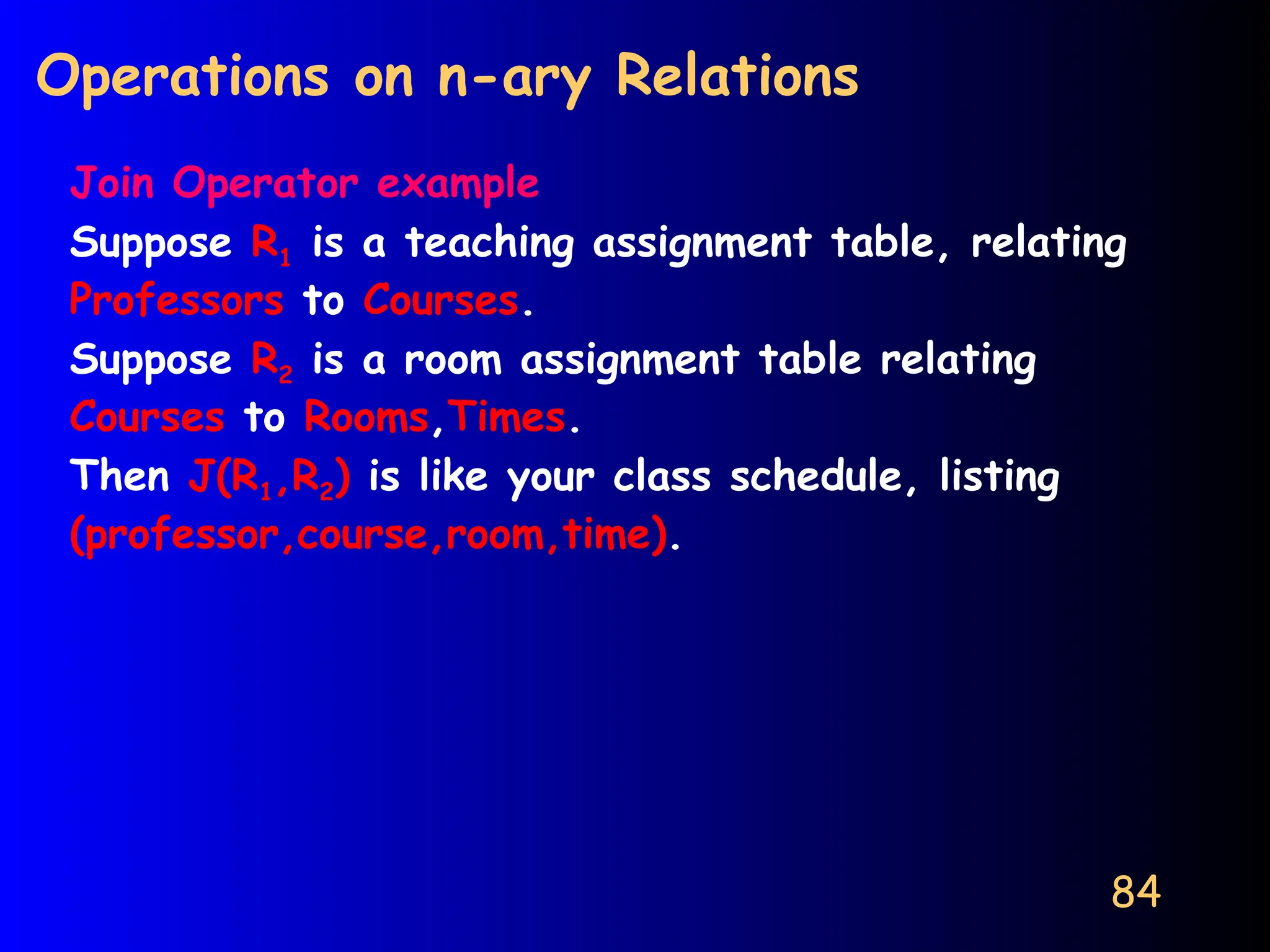 84
Operations on n-ary Relations
Join Operator example
Suppose R1 is a teaching assignment table, relating
Professors to Courses.
Suppose R2 is a room assignment table relating
Courses to Rooms,Times.
Then J(R1,R2) is like your class schedule, listing
(professor,course,room,time).
 