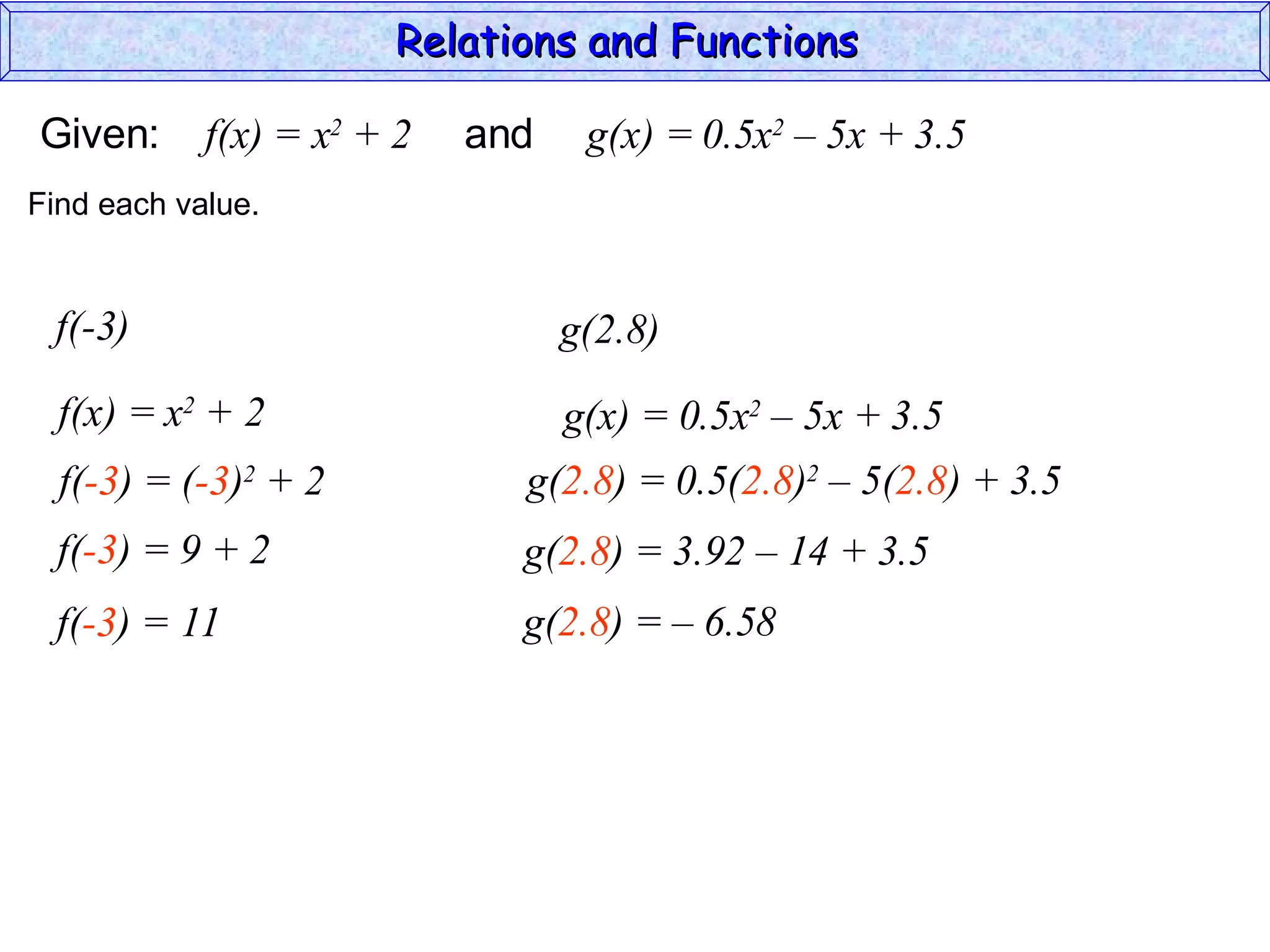 Relations and Functions

Given:      f(x) = x2 + 2   and    g(x) = 0.5x2 – 5x + 3.5
Find each value.


 f(-3)                            g(2.8)
  f(x) = x2 + 2                   g(x) = 0.5x2 – 5x + 3.5
  f(-3) = (-3)2 + 2           g(2.8) = 0.5(2.8)2 – 5(2.8) + 3.5
  f(-3) = 9 + 2               g(2.8) = 3.92 – 14 + 3.5
  f(-3) = 11                  g(2.8) = – 6.58
 