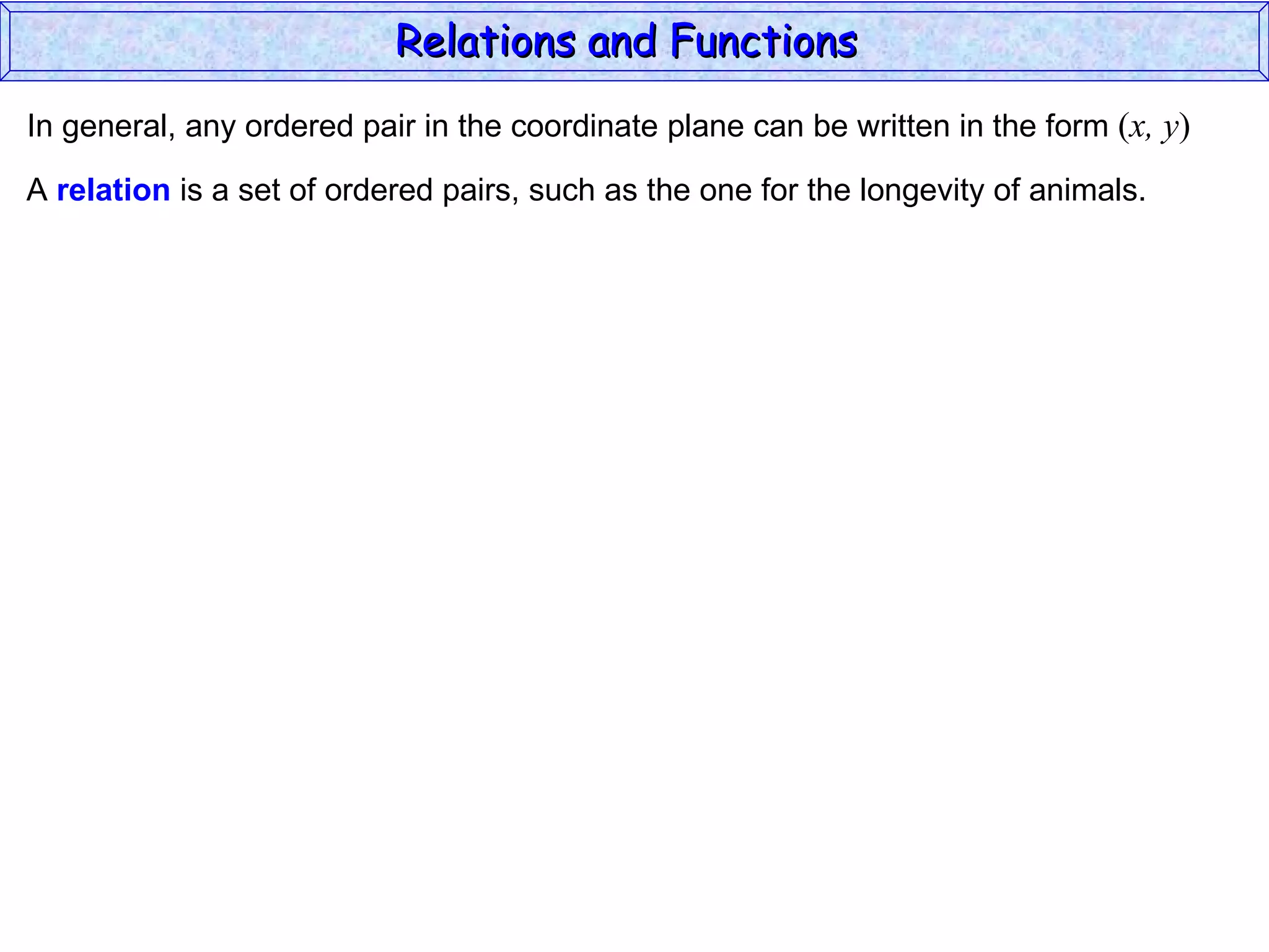 Relations and Functions
In general, any ordered pair in the coordinate plane can be written in the form (x, y)

A relation is a set of ordered pairs, such as the one for the longevity of animals.
 