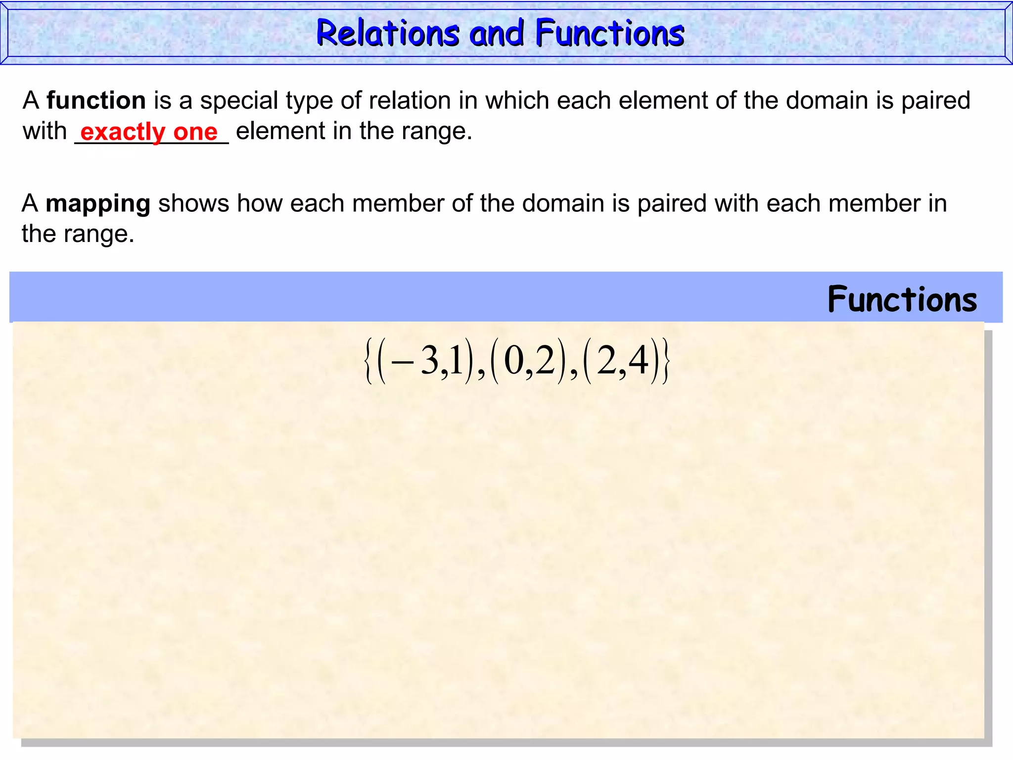 Relations and Functions
A function is a special type of relation in which each element of the domain is paired
with ___________ element in the range.
     exactly one

A mapping shows how each member of the domain is paired with each member in
the range.

                                                                        Functions
                                 3,1 ,  0,2 ,  2,4
 